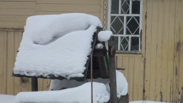 Houten huis in het winterbos — Stockvideo