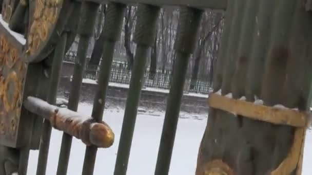 Vue de clôture dans une forte chute de neige — Video