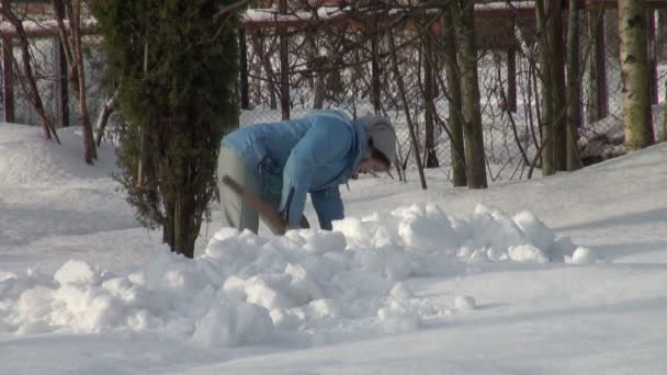 Flickan med en spade tar bort snö — Stockvideo