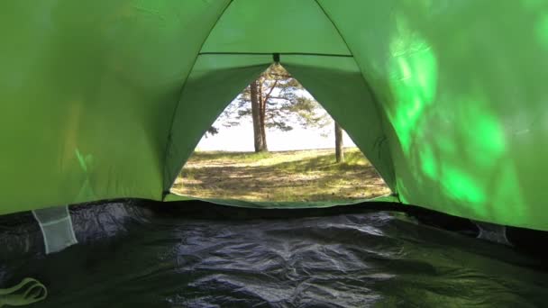 Ein grünes Zelt auf der Natur — Stockvideo