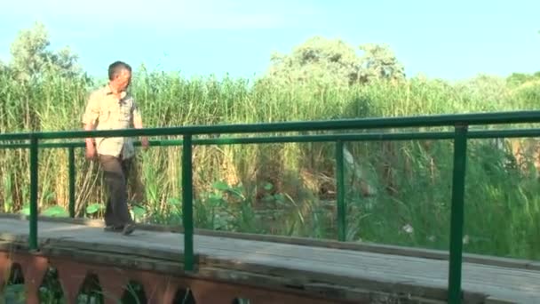 An elderly man goes on a wooden bridge — Stock Video