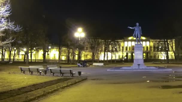 俄罗斯博物馆和在晚上，圣彼得堡，俄罗斯普希金纪念碑 — 图库视频影像
