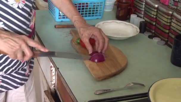 Cuchillo de corte cebolla roja — Vídeo de stock