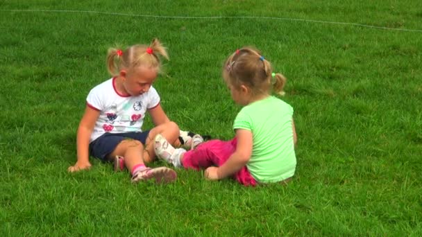 Två små flickor leker i gräset — Stockvideo