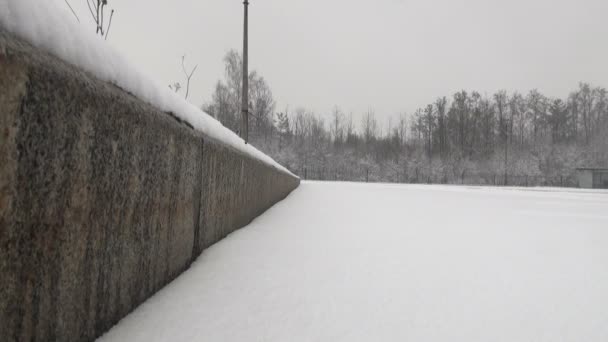 Снег на асфальте до бордюра — стоковое видео