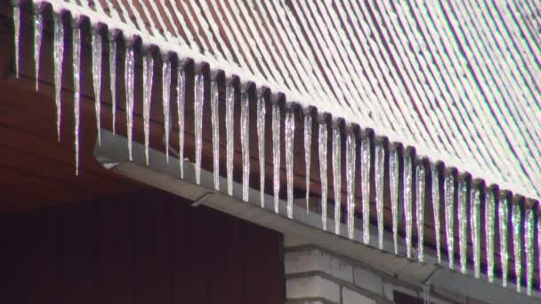 Eiszapfen hängen vom Dach — Stockvideo