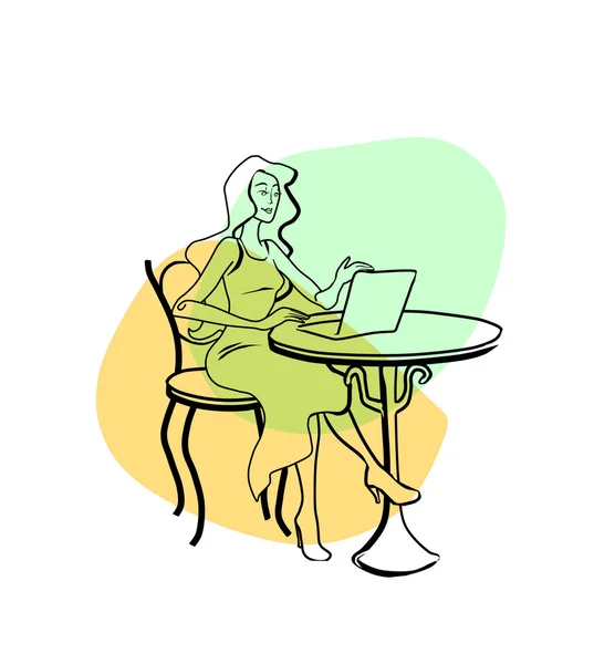 Drawing a girl sitting at a computer — Stock Photo, Image