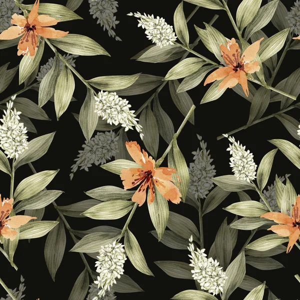 Bezešvé Vzor Botanické Zelené Větve Oranžové Květy Černém Pozadí Akvarel — Stock fotografie