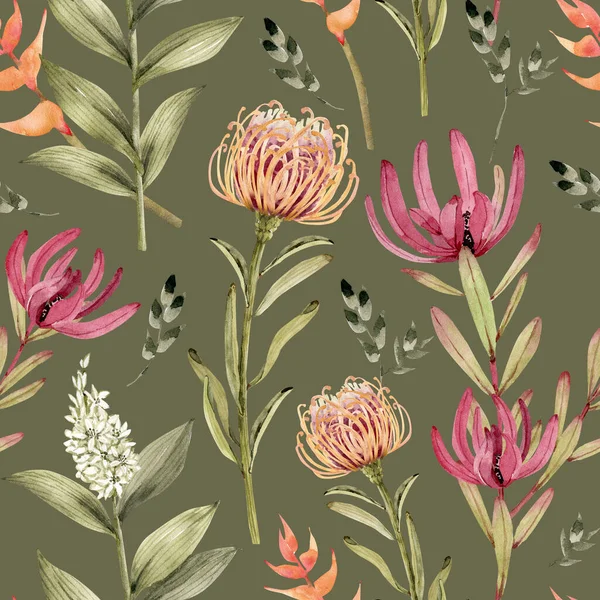 Bezešvé Vzor Botanickými Rostlinami Exotické Květiny Zeleném Pozadí Akvarel Ručně — Stock fotografie