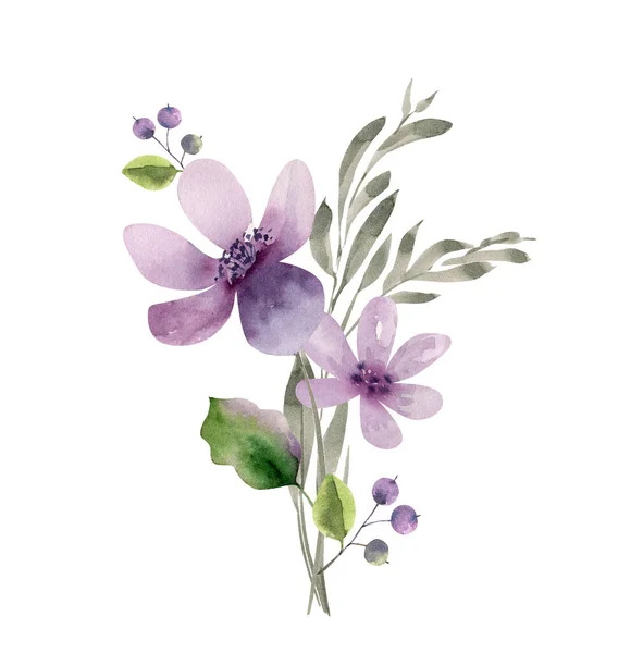 Букет Нежных Акварельных Фиолетовых Цветов Раскрашенных Вручную — стоковое фото