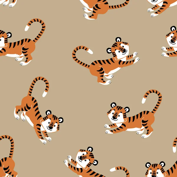 Бесшовный Векторный Рисунок Милыми Мультяшными Животными Тигр Иллюстрация Плоском Стиле — стоковый вектор