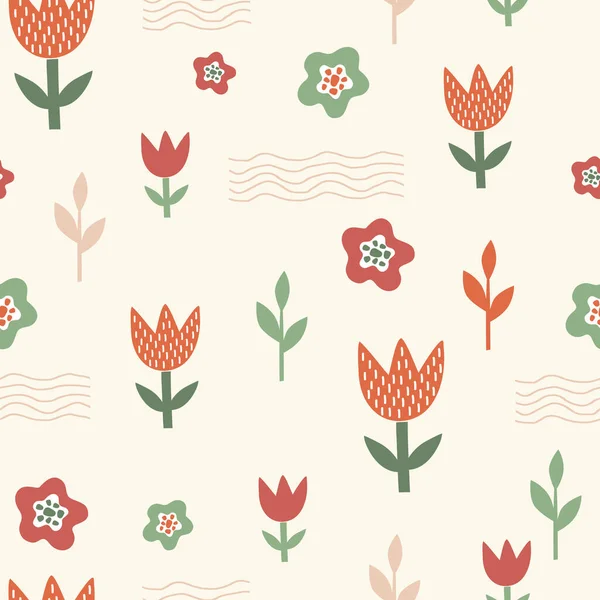 Векторный Бесшовный Рисунок Нежными Весенними Цветами Тюльпанами Растениями Стиле Каракулей — стоковый вектор