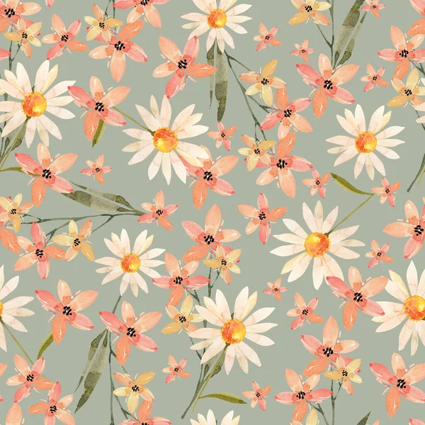 Akvarell Blommönster Med Vita Tusensköna Blommor Och Orange Liljor Handmålade — Stockfoto