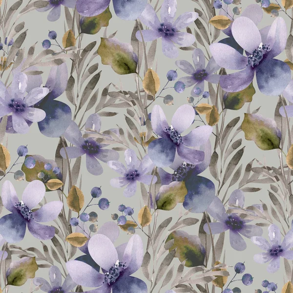 Akvarell Blommönster Med Lila Blommor Handmålade — Stockfoto