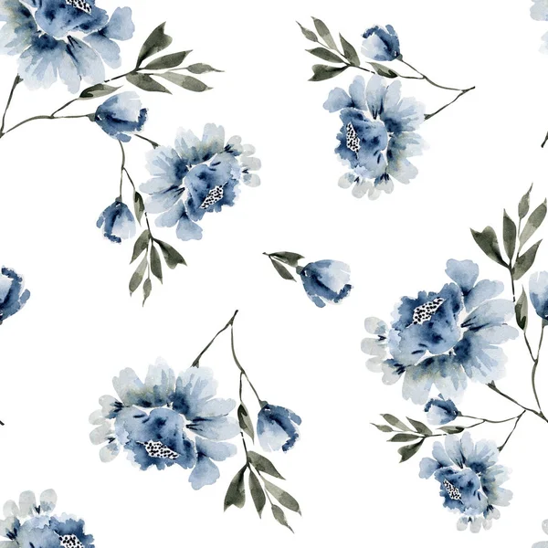 Aquarell Blumenmuster Mit Blauen Rosensträußen Handbemalt — Stockfoto