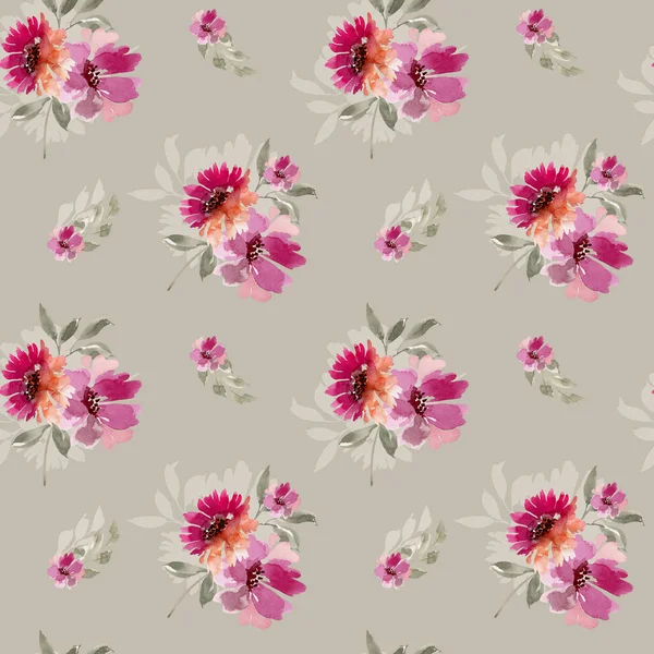 Aquarell Blumenmuster Mit Rosa Blumensträußen Handbemalt — Stockfoto