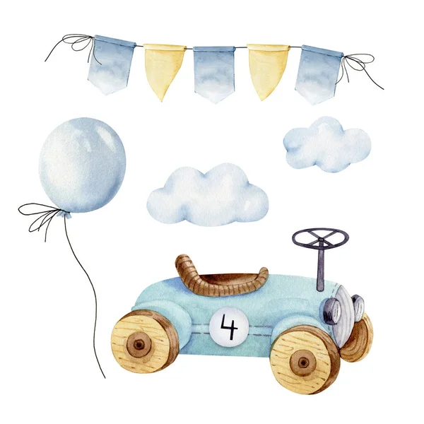 Zestaw Akwarelowych Ilustracji Rocznika Niebieski Samochód Dziecka Girlanda Balon Jest — Zdjęcie stockowe