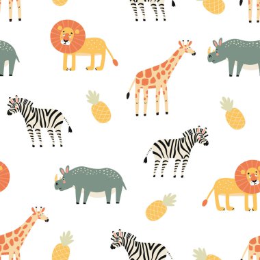 seamless pattern with vector illustrations of African animals,. animalistic background for childrens design on a white background clipart