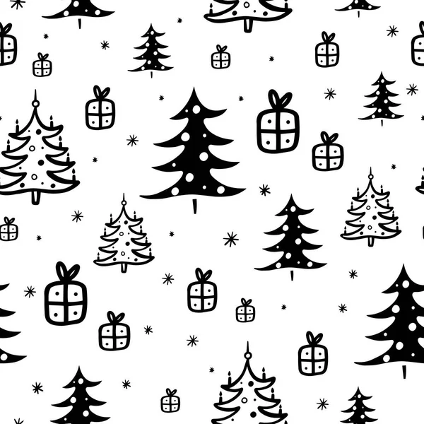 モミの木や贈り物の冬のイラストとシームレスなベクトルパターン光の背景にクリスマスの背景 — ストックベクタ