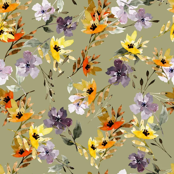 Seamless Watercolor Pattern Yellow Lilac Flowers Hand Painted — Stock Photo, Image