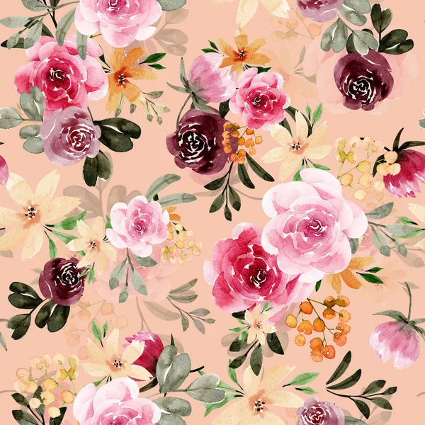 Akwarela Kwiatowy Wzór Kolorowymi Bukietami Róż Ręcznie Malowane — Zdjęcie stockowe