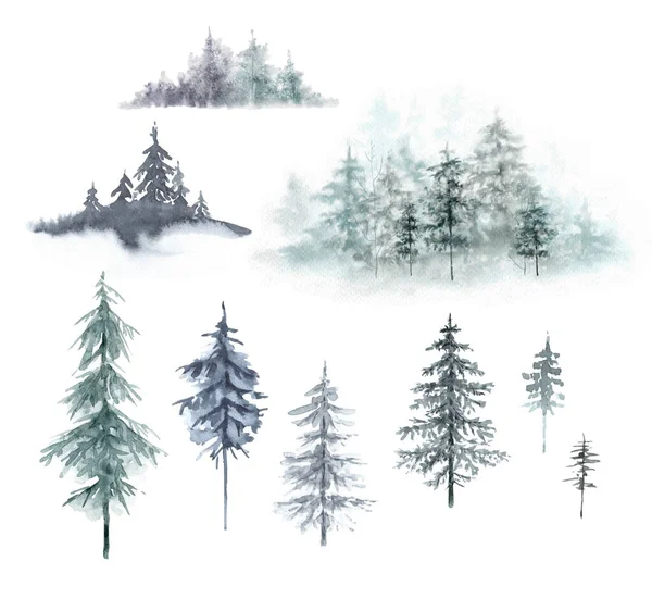 set of watercolor monochrome illustrations of mountains hills and forest. Siberia, Canada, Finland. Forest landscape, hand-painted