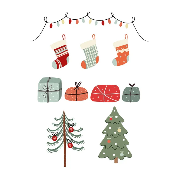 クリスマス休暇やプレゼントや植物を平らなスタイルでデザインするためのベクターセット — ストックベクタ