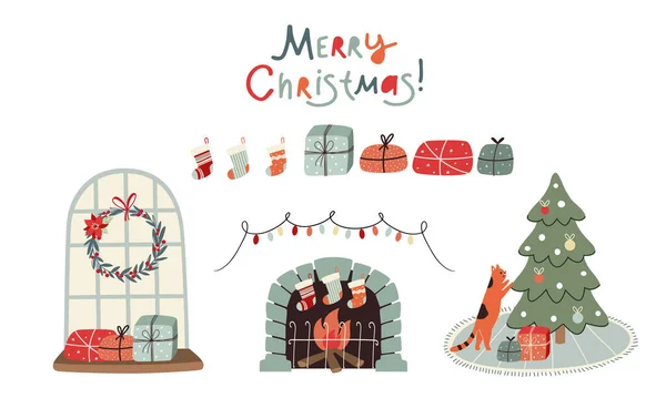 Set Home Decor Elements Decoration Christmas Holidays Vector Illustration — Stock Vector