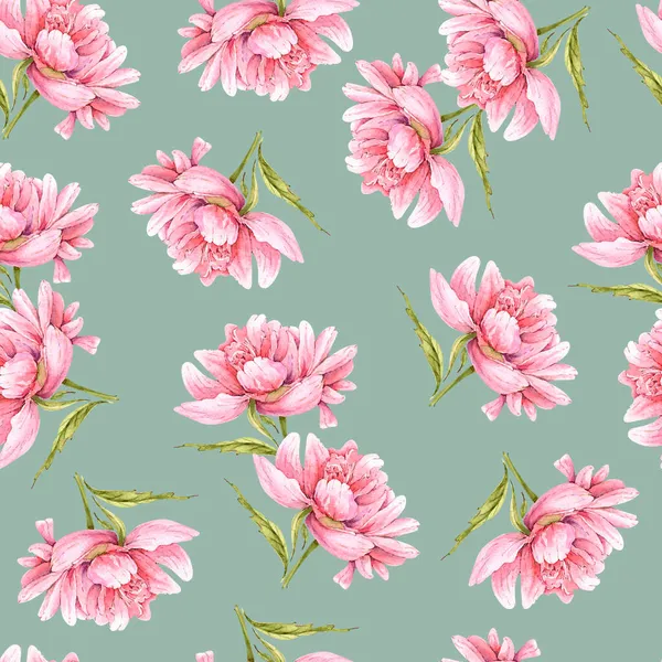 Turkuaz Bir Arka Planda Pembe Çiçek Şakayıklarının Kusursuz Desenleri — Stok fotoğraf