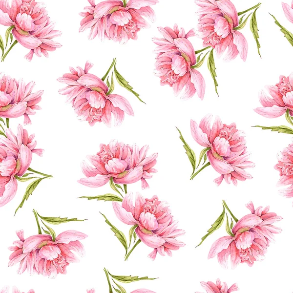Watercolor Seamless Pattern Pink Flowers Peonies White Background — Stock Photo, Image