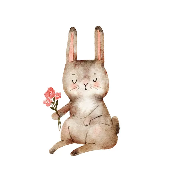 Romantikus Nyúl Egy Csokor Virág Akvarell Illusztráció Rajzfilm Stílusban — Stock Fotó
