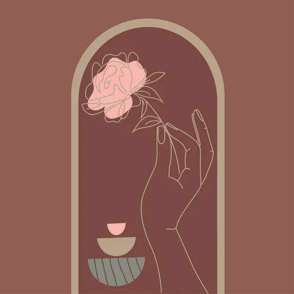 Wektor Liniowy Rysunek Kobieta Ręka Kwiat Abstrakcyjnym Tle Boho Styl — Wektor stockowy
