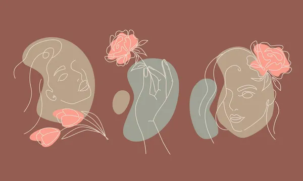 Reihe Von Vektorlinien Zeichnungen Abstrakte Gesichter Junger Frauen Mit Blumen — Stockvektor