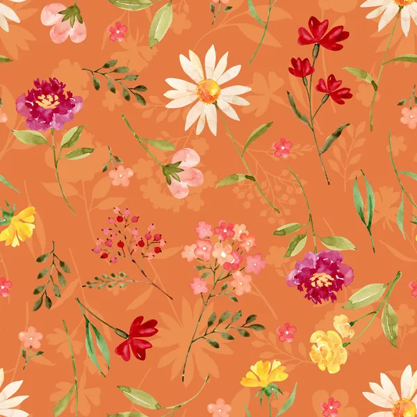 Akwarela Wzór Kolorowe Słodkie Kwiaty Ręcznie Malowane — Zdjęcie stockowe