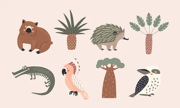 Reihe Von Vektorisolierten Illustrationen Australischer Bäume Und Tiere — Stockvektor