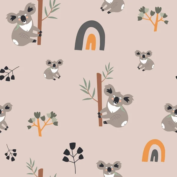 Seamless Pattern Boho Rainbows Animals Koala Tree Childrens Design — Stock Vector