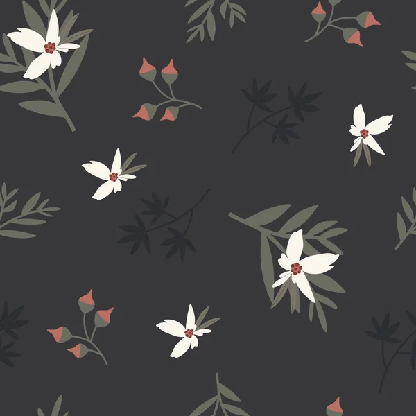 Patrón Vectorial Sin Costuras Con Pequeñas Flores Hojas Sobre Fondo — Vector de stock