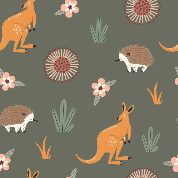 Nahtloses Muster Mit Australischen Tieren Pflanzen Und Blumen Für Kinder — Stockvektor