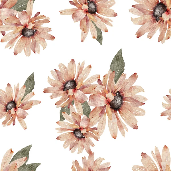 Bezešvé Květinový Vzor Kyticemi Růžové Sedmikrásky Bílém Pozadí Ručně Malované — Stock fotografie