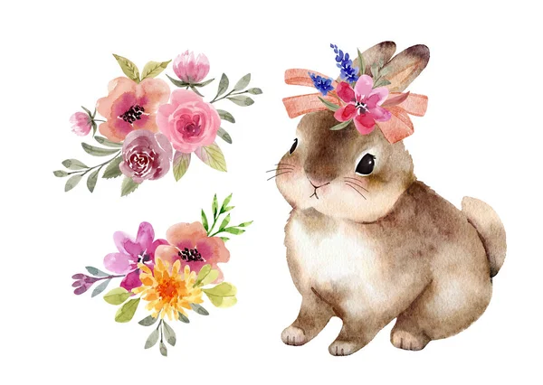 Coniglio Animale Con Mazzi Fiori Illustrazione Acquerello — Foto Stock