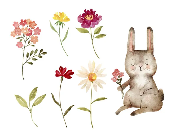 Készlet Akvarell Illusztrációk Aranyos Állat Nyúl Virágokkal — Stock Fotó