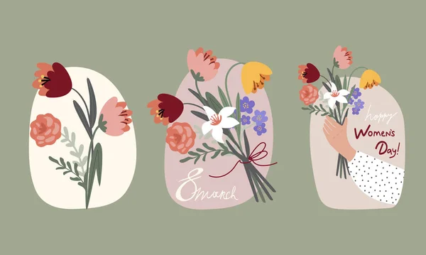 Conjunto Ilustraciones Ramos Primavera Flores Para Día Internacional Mujer Vector — Archivo Imágenes Vectoriales