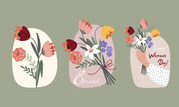 Set Illustrations Spring Bouquets Flowers International Womens Day Vector — Stockový vektor