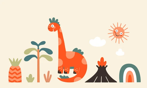 Dinozorlar Bitkiler Dinazor Illüstrasyonu Çizgi Film Hayvanlarının Bir Kümesi Çocuk — Stok Vektör