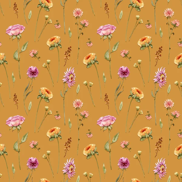 淡黄粉色水彩花的无缝图案和芥末背景上的叶子 — 图库照片