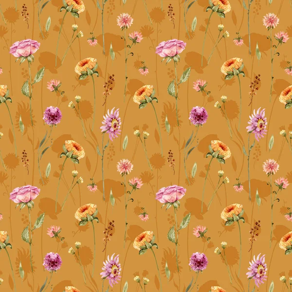 Seamless Pattern Bright Yellow Pink Watercolor Flowers Leaves Mustard Background — Stock Photo, Image