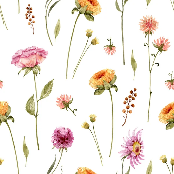 Bezešvé Květinový Vzor Barevnými Květy Bílém Pozadí Ručně Malované Akvarelem — Stock fotografie