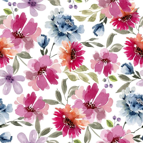 Sömlös Blommönster Med Rosa Och Blå Blommor Vit Bakgrund Handmålade — Stockfoto