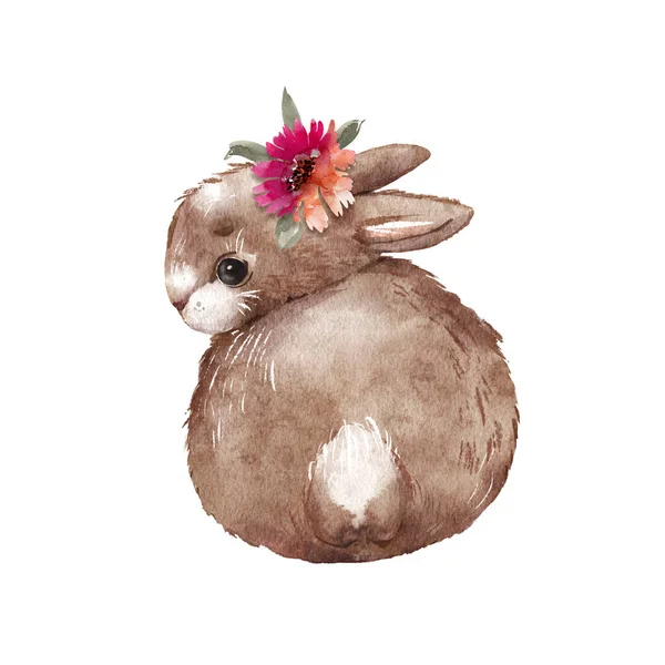 頭に花をつけた可愛い茶色のウサギ 水彩画の手描き — ストック写真