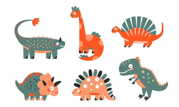 Ensemble Illustrations Vectorielles Avec Jolis Dinosaures Sur Fond Blanc Idéal — Image vectorielle